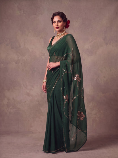 Emerald - Green Gold Sequin Pure Chiffon Partywear Saree