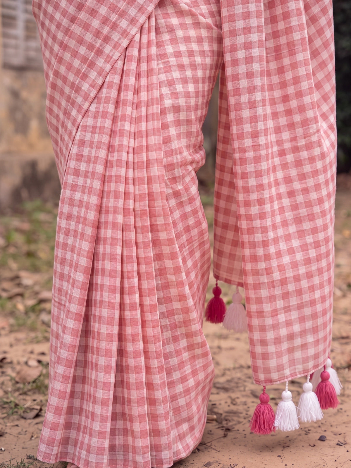 Poppy Seed - Red Gingham Mulmul Cotton Saree