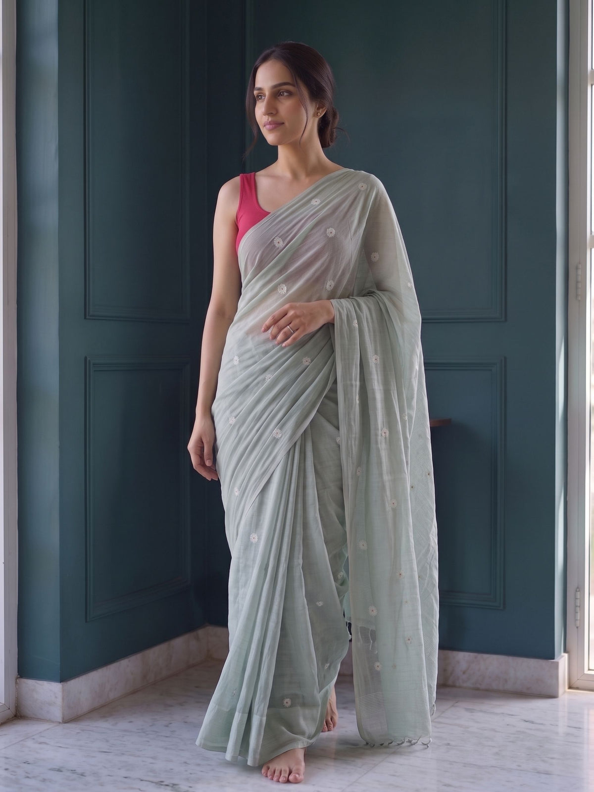 Sage - Green Floral Original Dhakai Jamdani Saree