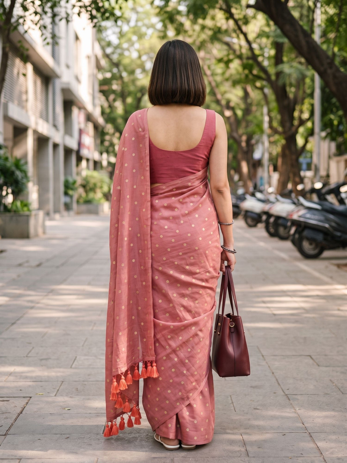 Vintage Speckle dusty rose pink polka dot modal cotton saree, for daily wear