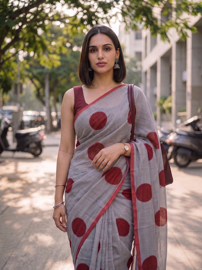 Charcoal polka dot mulmul cotton saree, Spot On by MAYIN