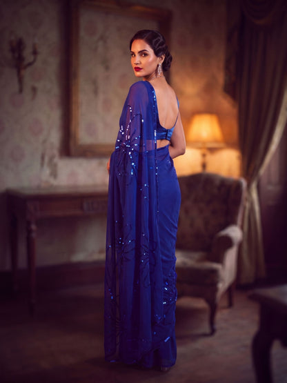 City of Stars - Royal Blue Sequin Pure Chiffon Partywear Saree