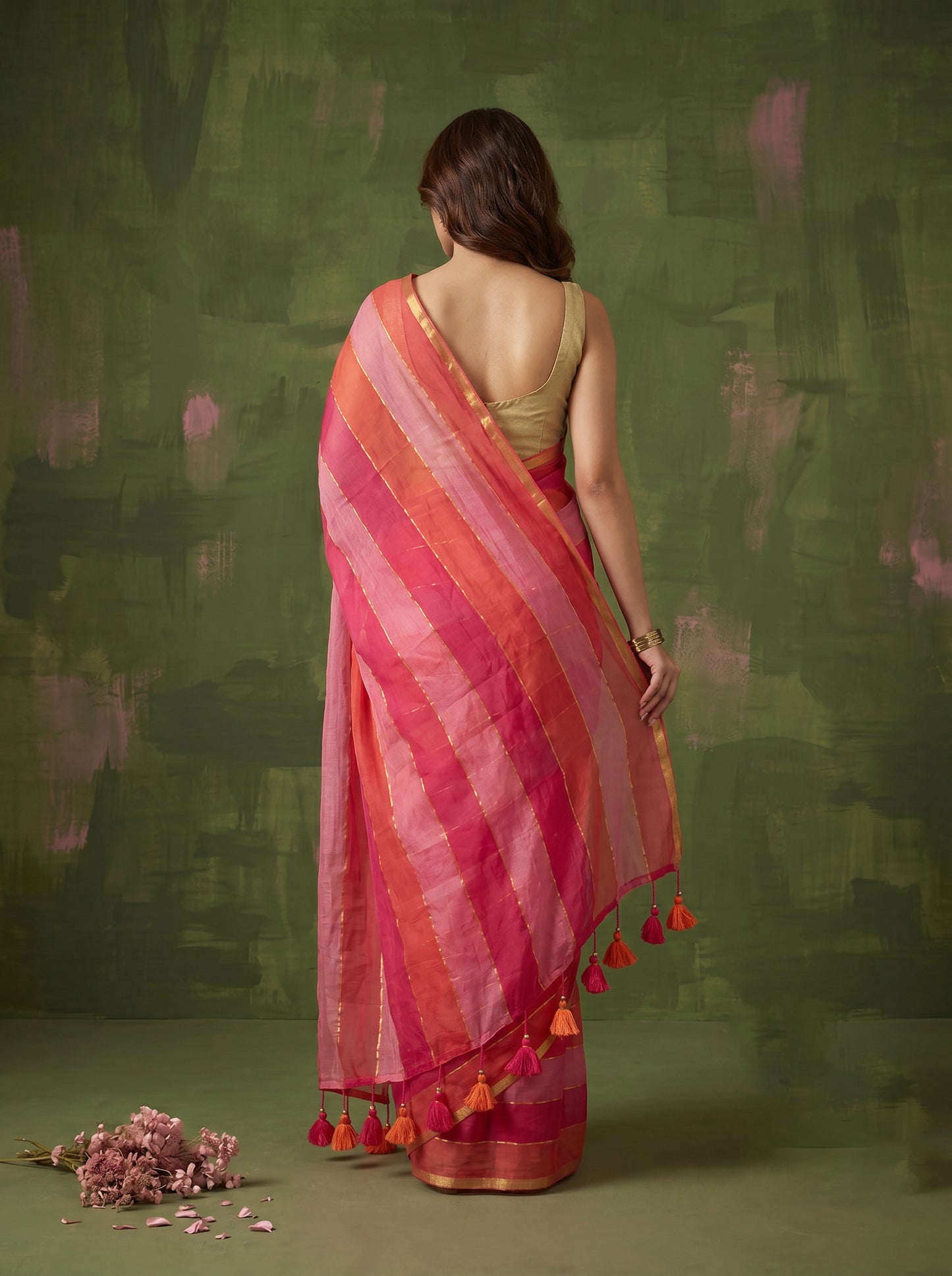 Sarini - Pink & Orange Striped Mul Cotton Zari Saree
