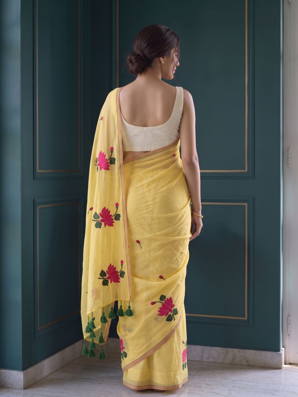 Sunkissed - Lemon Yellow Lotus Mul Cotton Saree