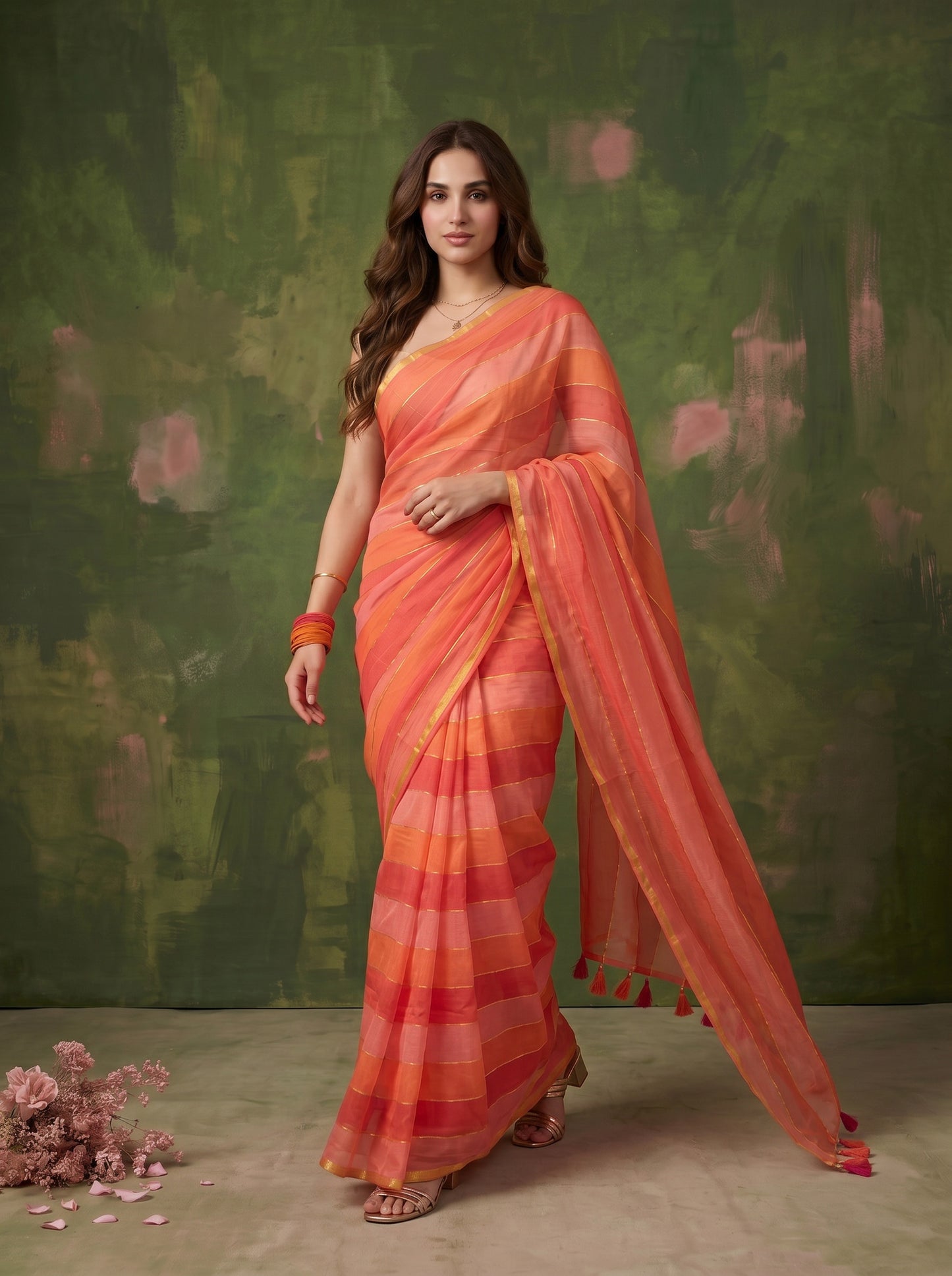 Rangrez - Red & Orange Striped Mul Cotton Zari Saree