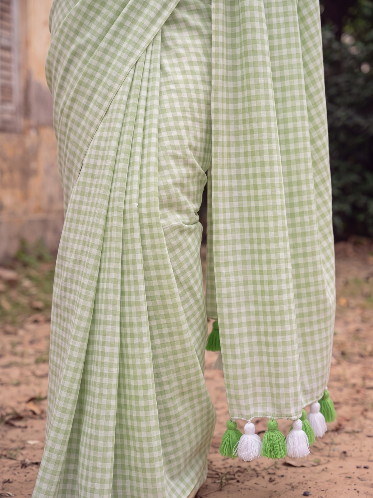 Spring Fern - Pastel Green Gingham Mulmul Cotton Saree