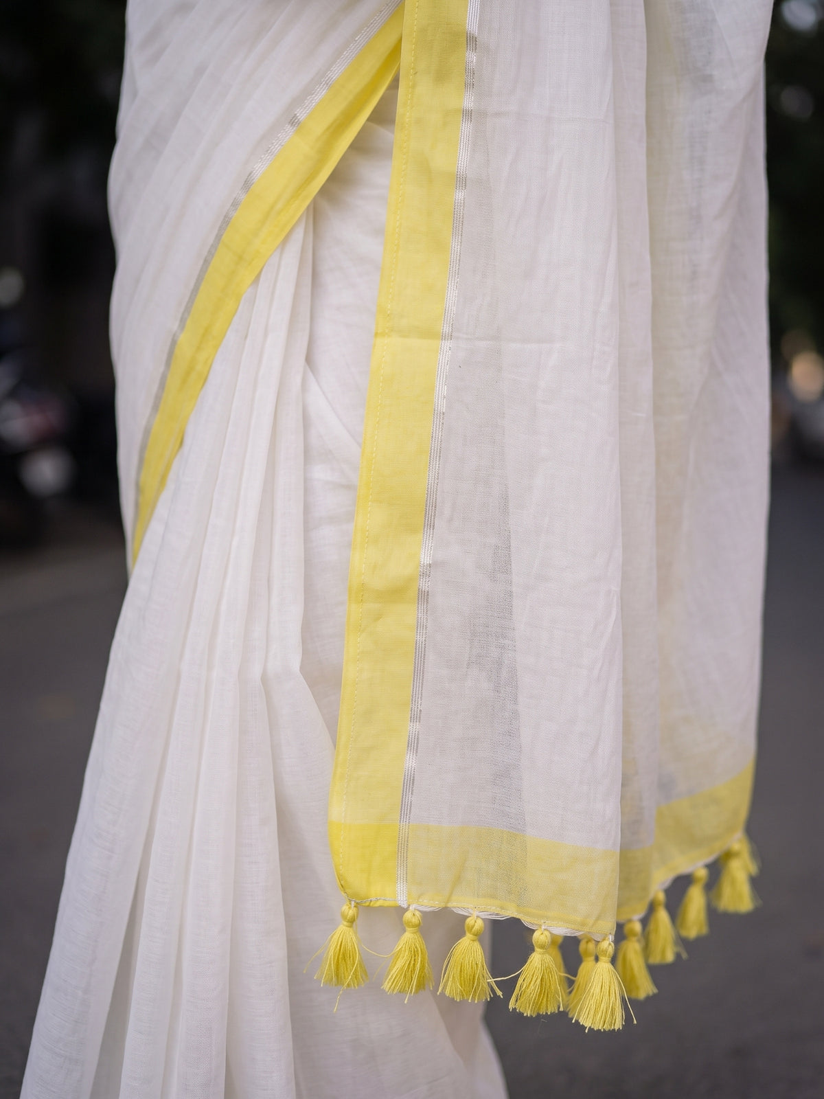 Bright Side - White Mulmul Cotton Saree With Yellow Border