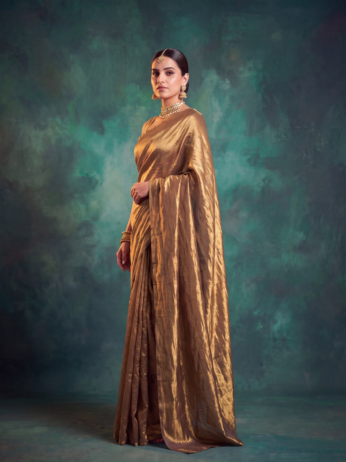 Eira plain gold tissue saree, drape detail, by MAYIN