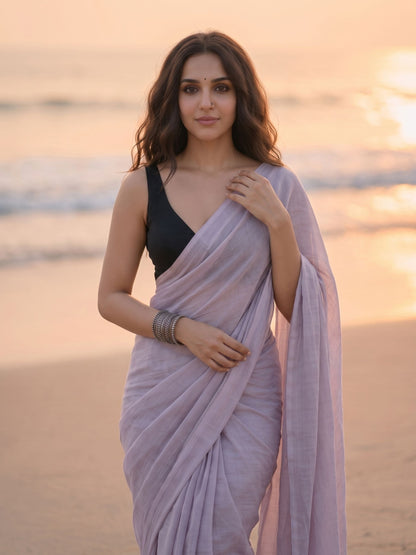 Lilac Blush - Plain Purple Mul Saree