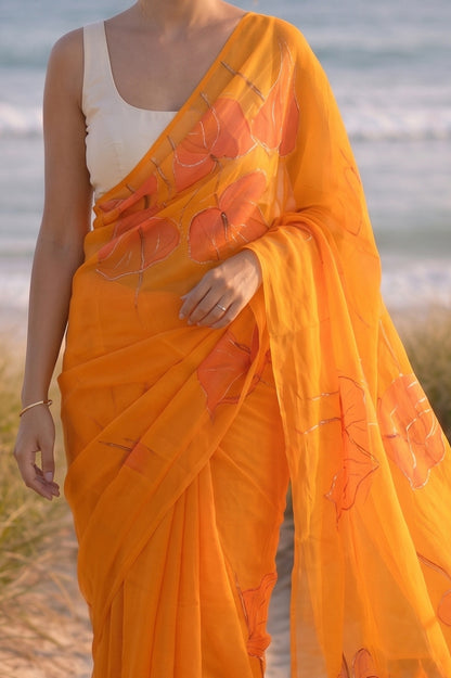 Anthuria- Orange Handpainted Mulmul Saree