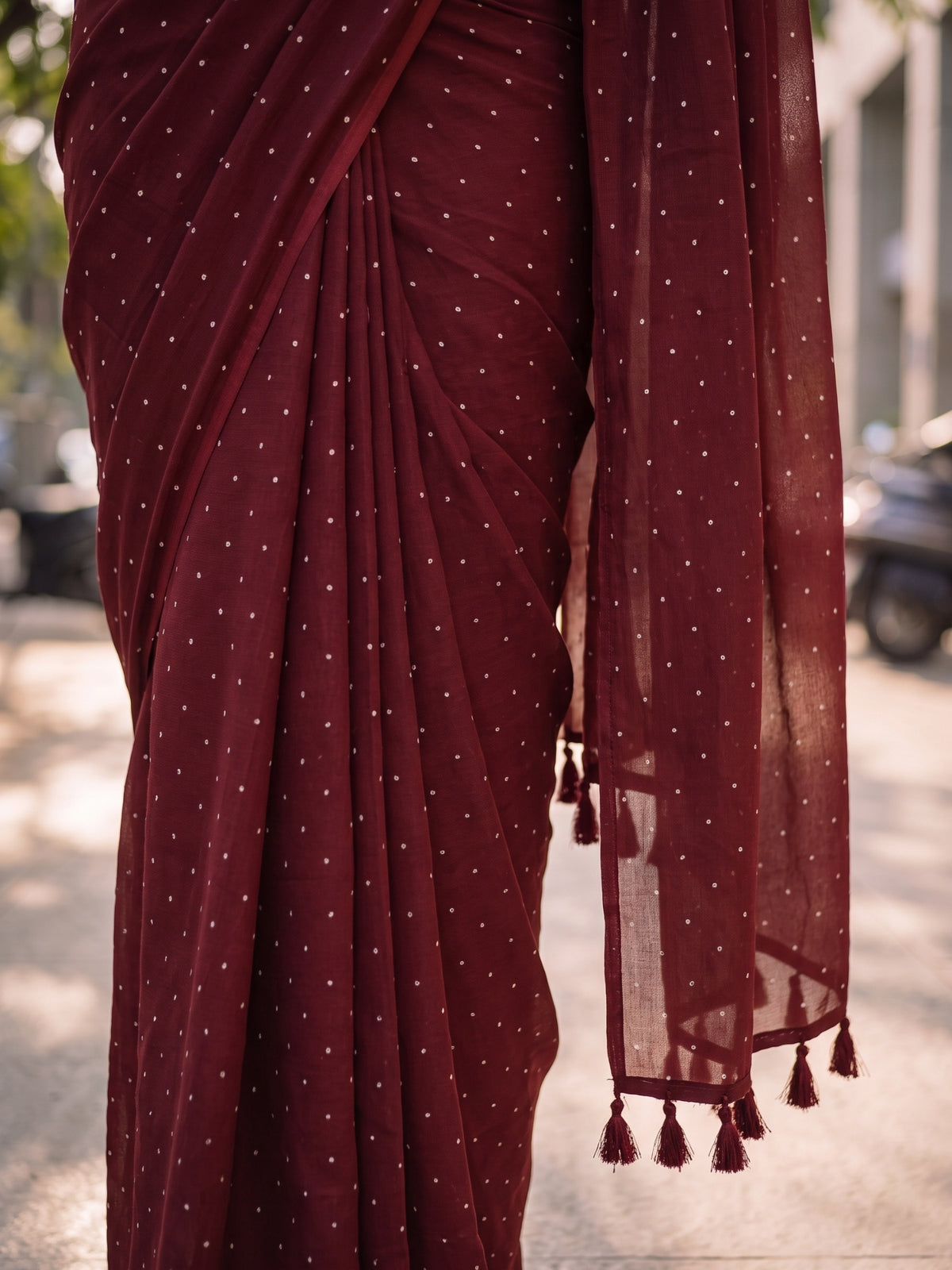 Regal Pin Drop maroon red polka dot modal cotton saree, photo 5