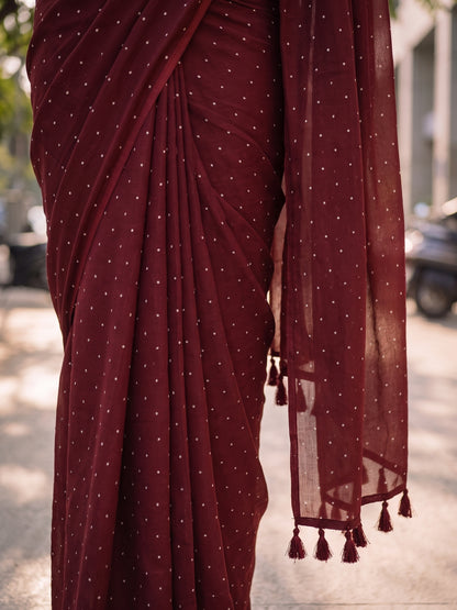Regal Pin Drop maroon red polka dot modal cotton saree, photo 5