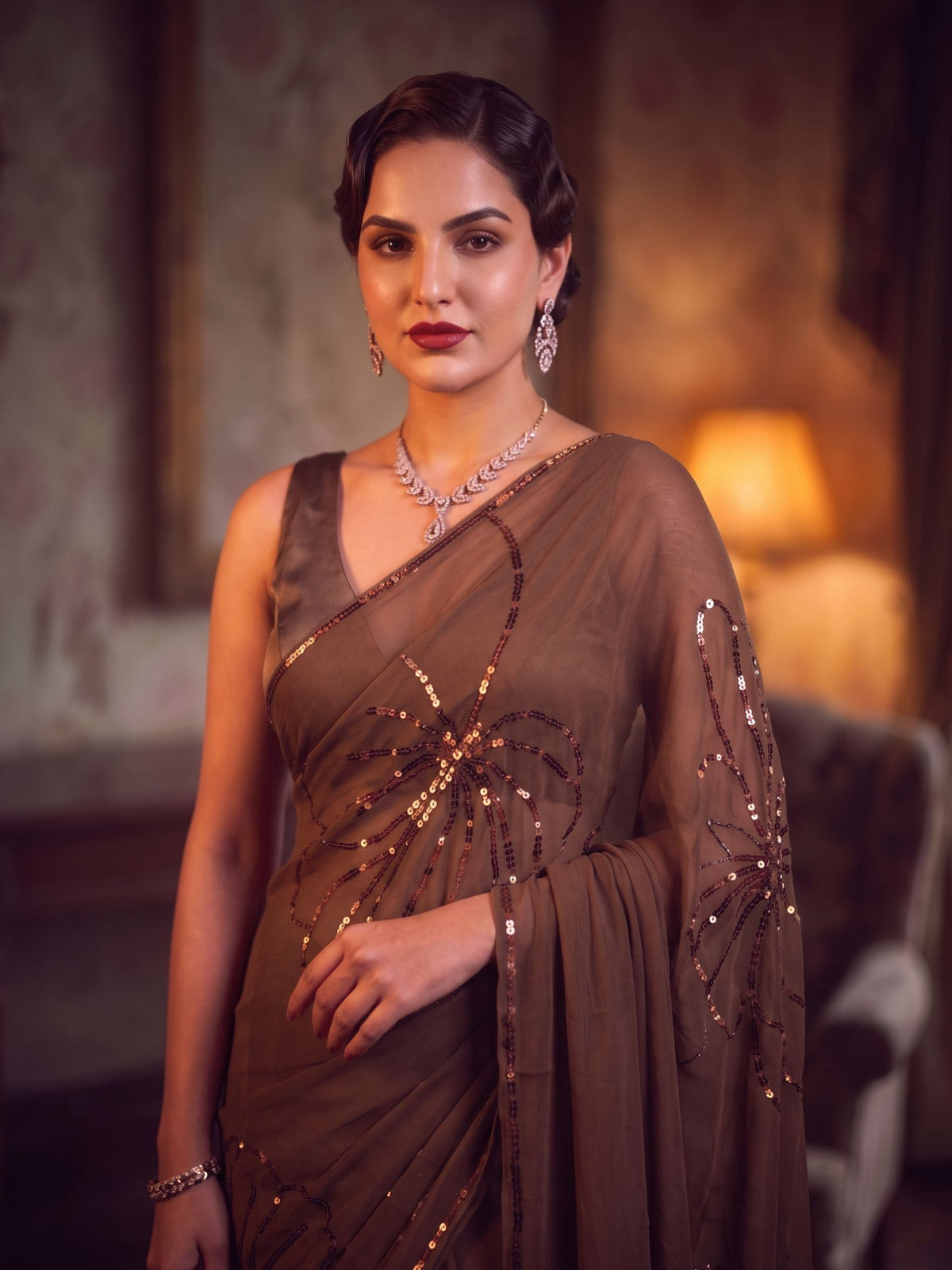 Final Act - Brown Sequin Pure Chiffon Partywear Saree