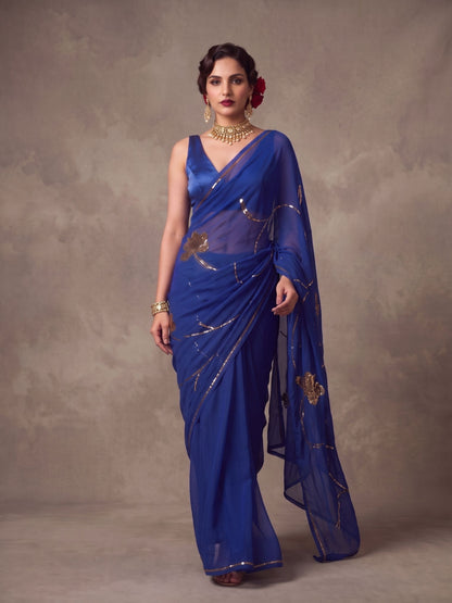 Sapphire - Royal Blue Gold Sequin Pure Chiffon Partywear Saree