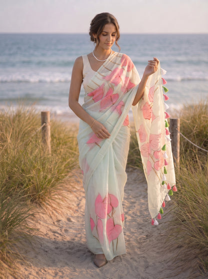Anthuria- Mint Handpainted Mulmul Saree