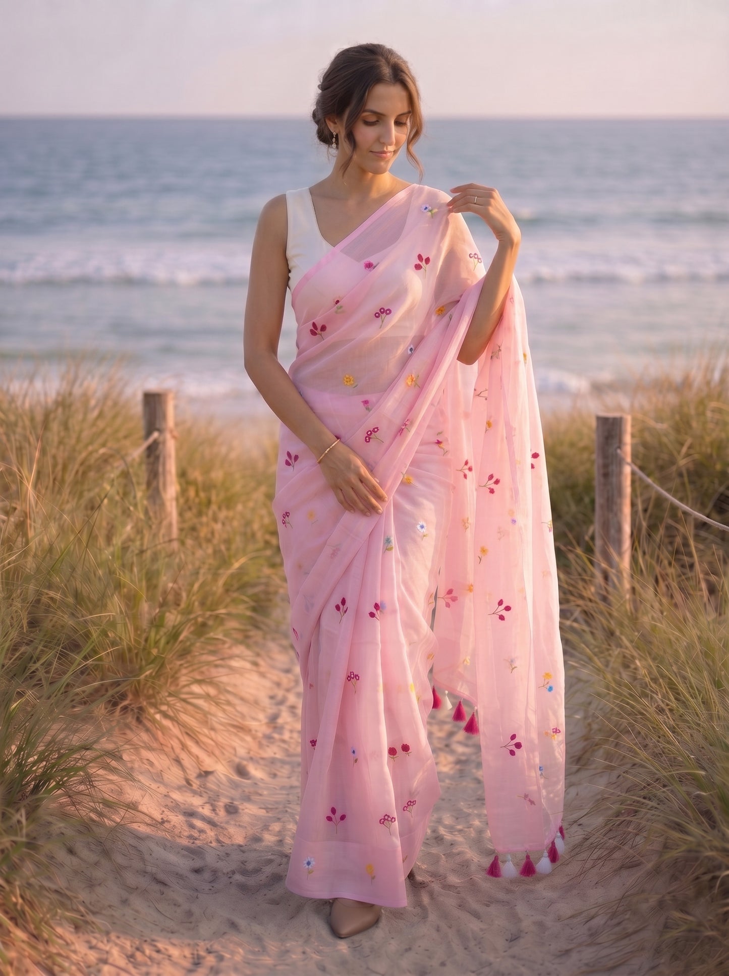 Gardenalia Pink - Embroidered Pure Mulmul Cotton Saree