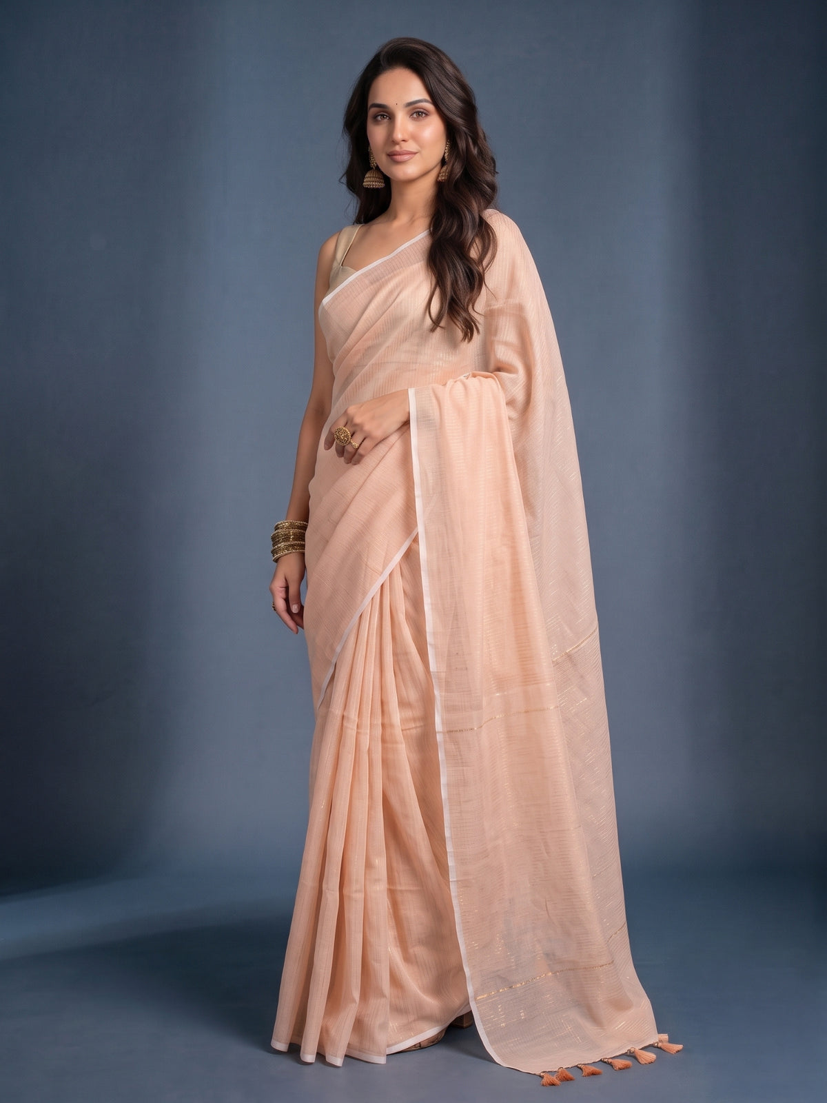 Beige - Striped Mul Cotton Zari Saree