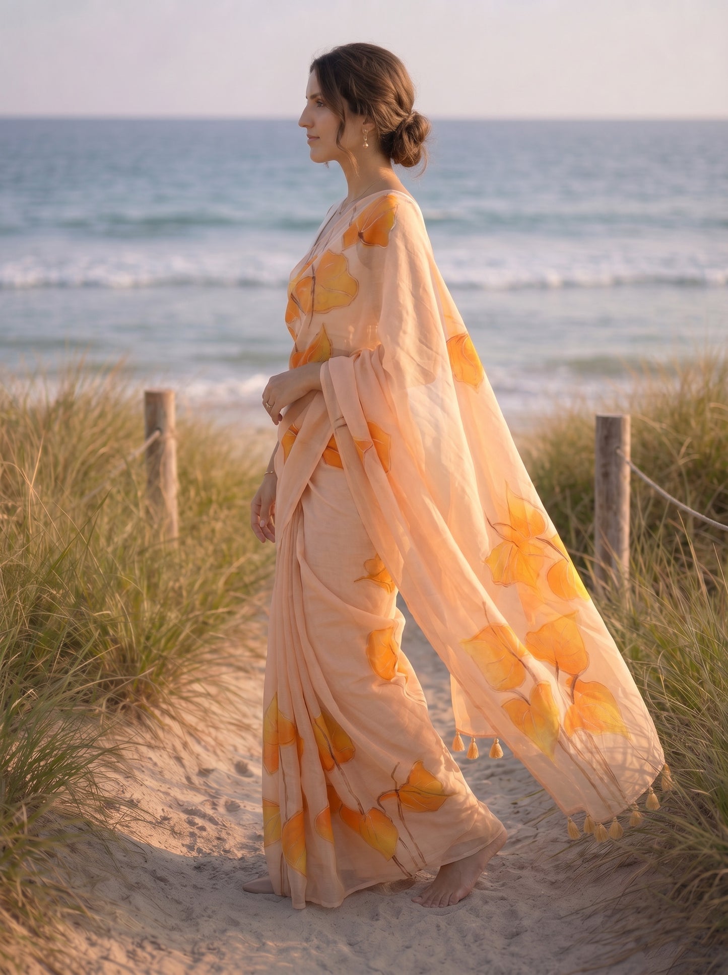 Anthuria- Beige Handpainted Mulmul Saree