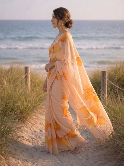 Anthuria- Beige Handpainted Mulmul Saree