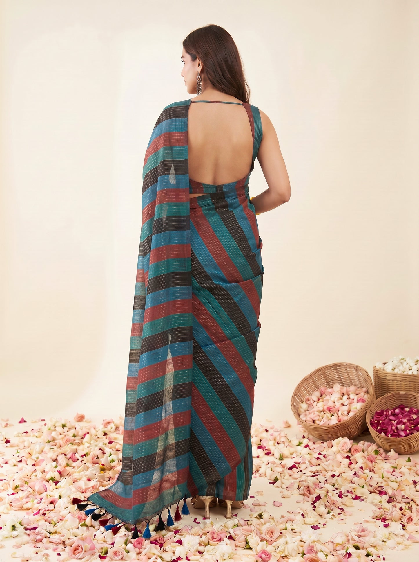 Siyaahi - Multicolour Striped Mul Cotton Zari Saree