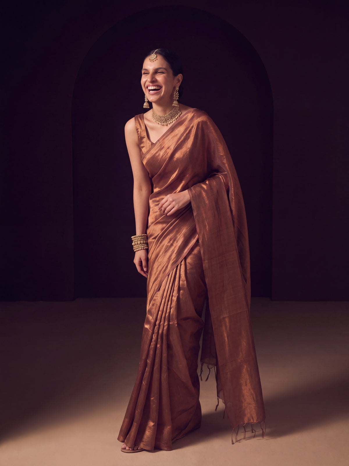 Devina - Plain Gold Handloom Tissue Saree