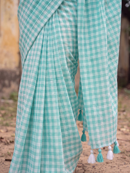 Cloudless Sky aqua blue gingham mulmul cotton saree, photo 5