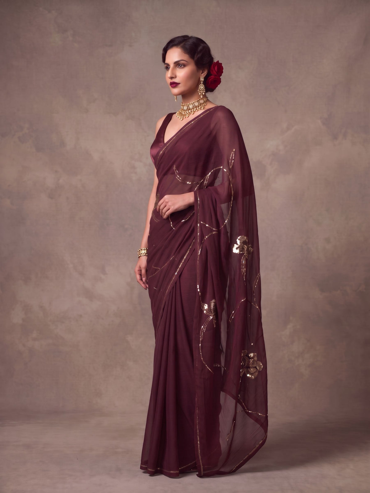 Midas - Resin Gold Sequin Pure Chiffon Partywear Saree