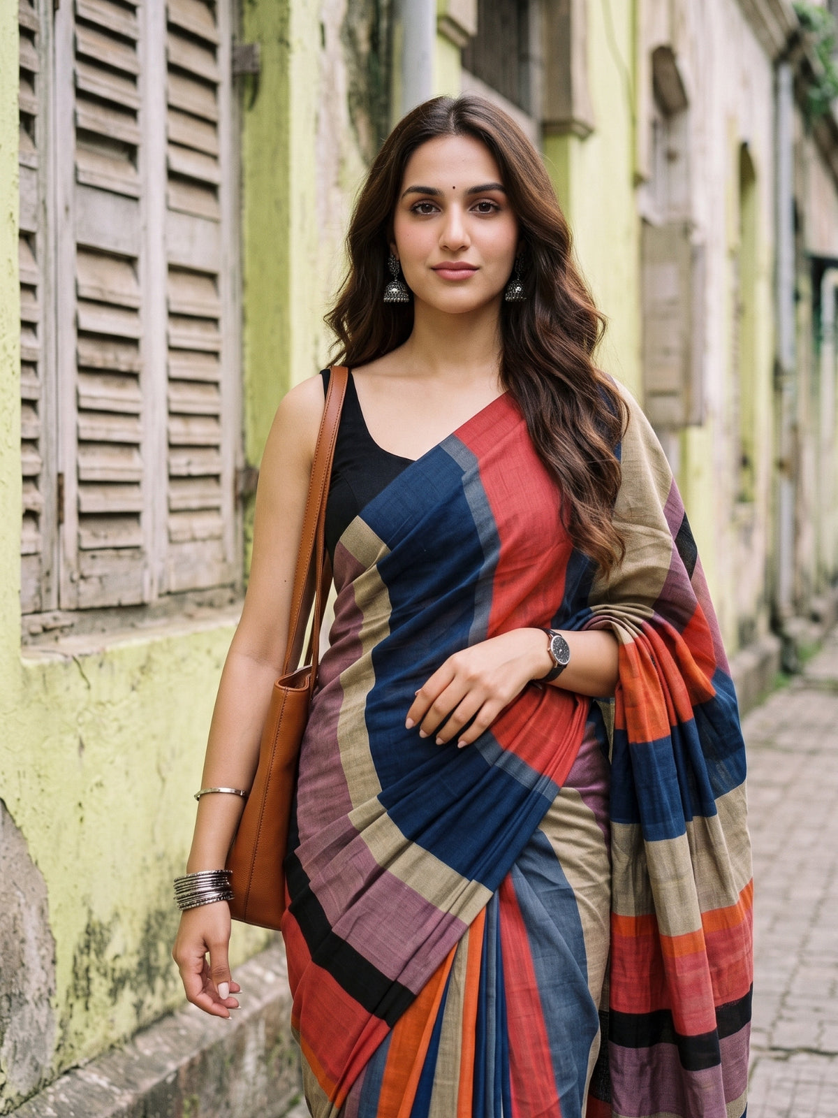Urban Tide multicolour colourblock acrylic cotton saree, for office wear