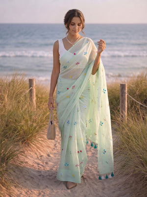 Gardenalia Mint - Embroidered Mulmul Cotton Saree