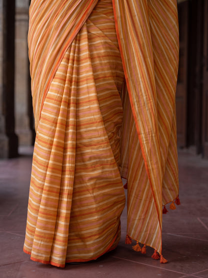 Outlook- Yellow Striped Mulmul Cotton Saree