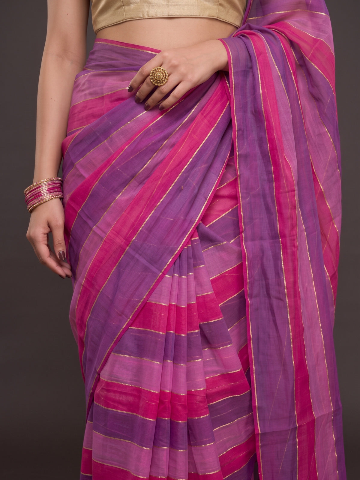 Abhira purple and pink striped mul cotton saree with zari, photo 5