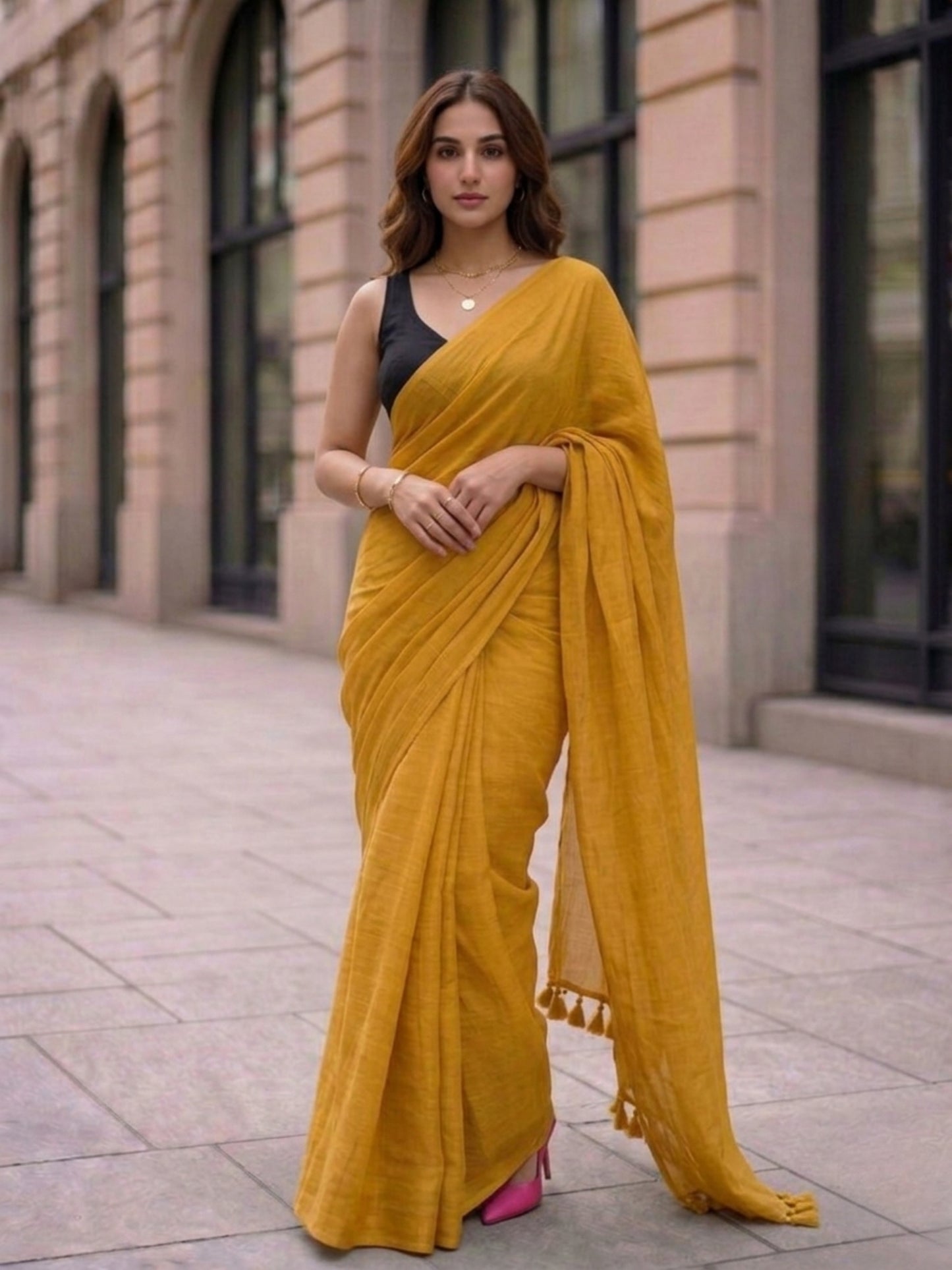 Amber - Plain Yellow Mul Modal Saree