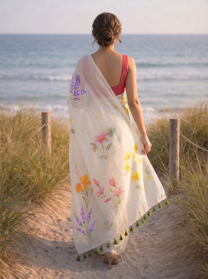Cream Canvas- Handpainted Mulmul Saree