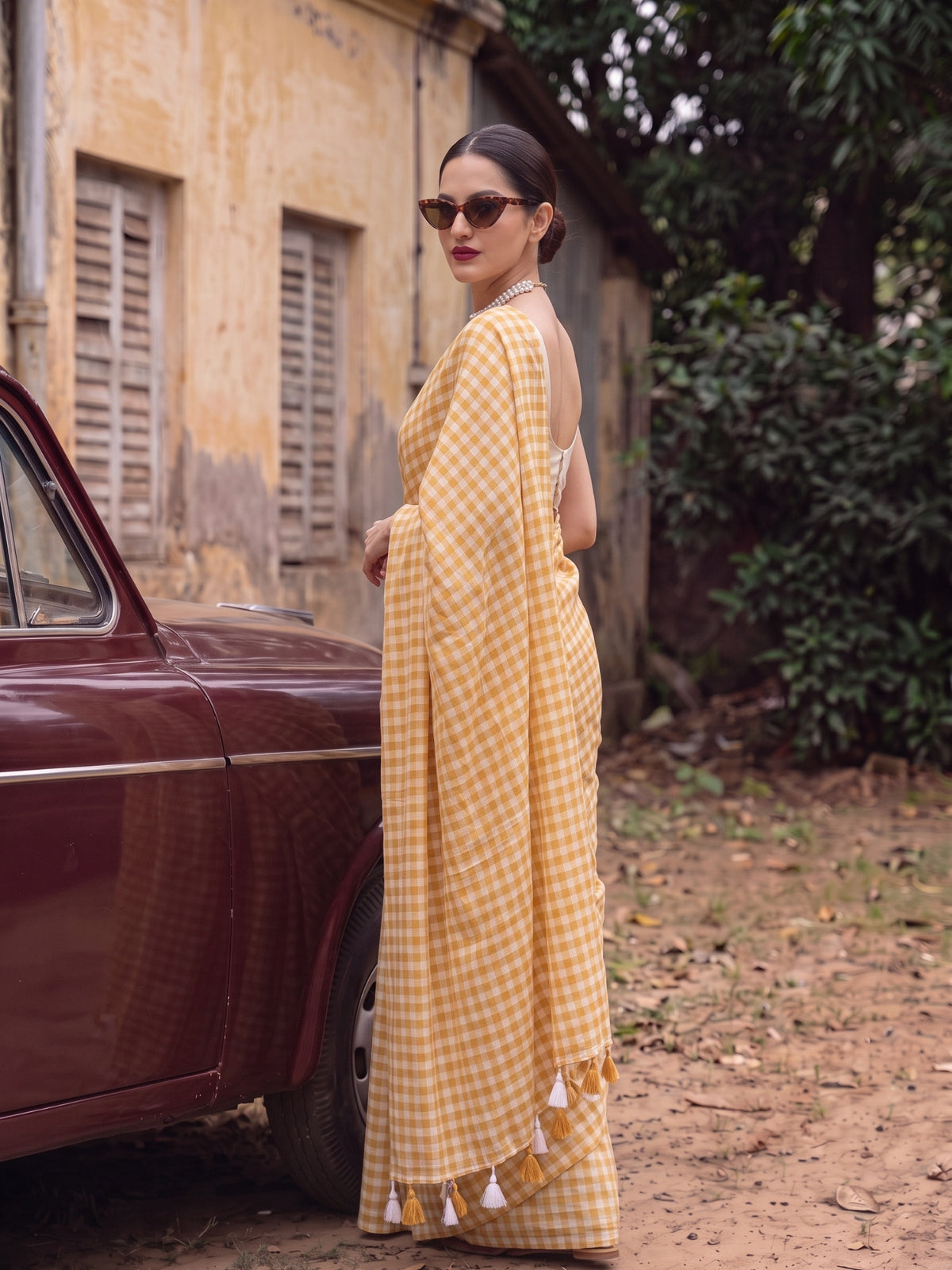 Harvest Sun - Mustard Yellow Gingham Mulmul Cotton Saree