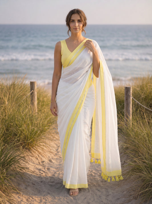 Bright Side - White Pure Mulmul Cotton Saree