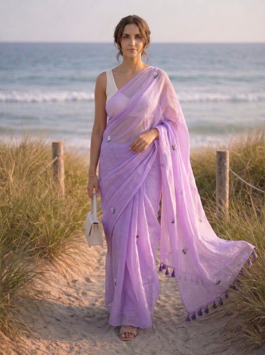 Periwinkle - Handembroidered Lilac Mulmul Cotton Saree