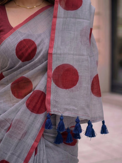 Spot On - Charcoal Polka Dot Mulmul Cotton Saree