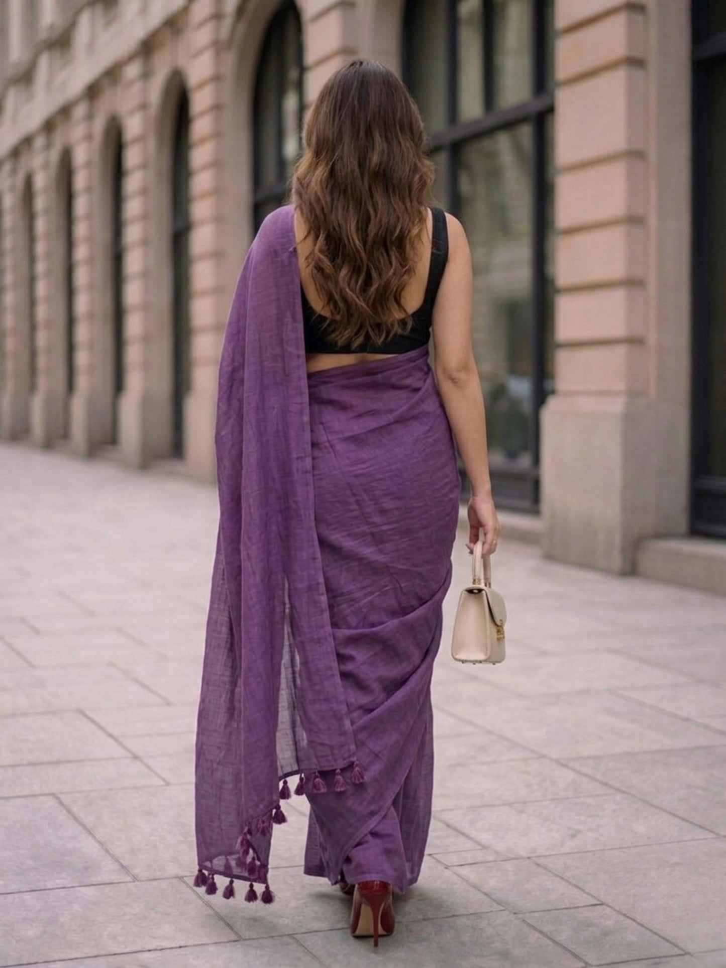 Twilight Bloom - Plain Deep Violet Mul Cotton Saree
