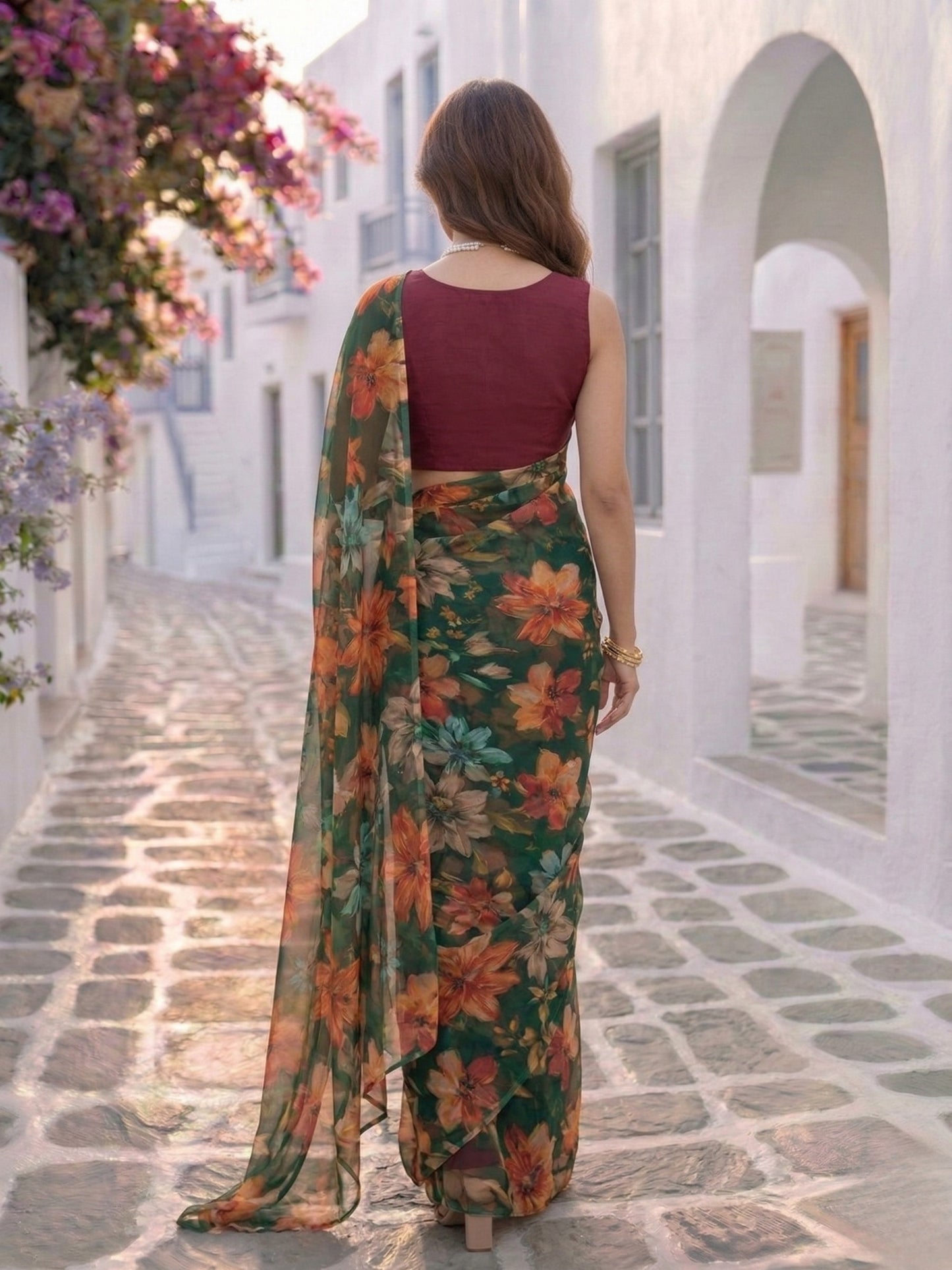 Orelia - Green Floral Print Pure Chiffon Saree