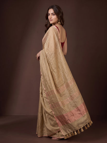 Beige - Pure Handloom Linen Saree with Zari Border