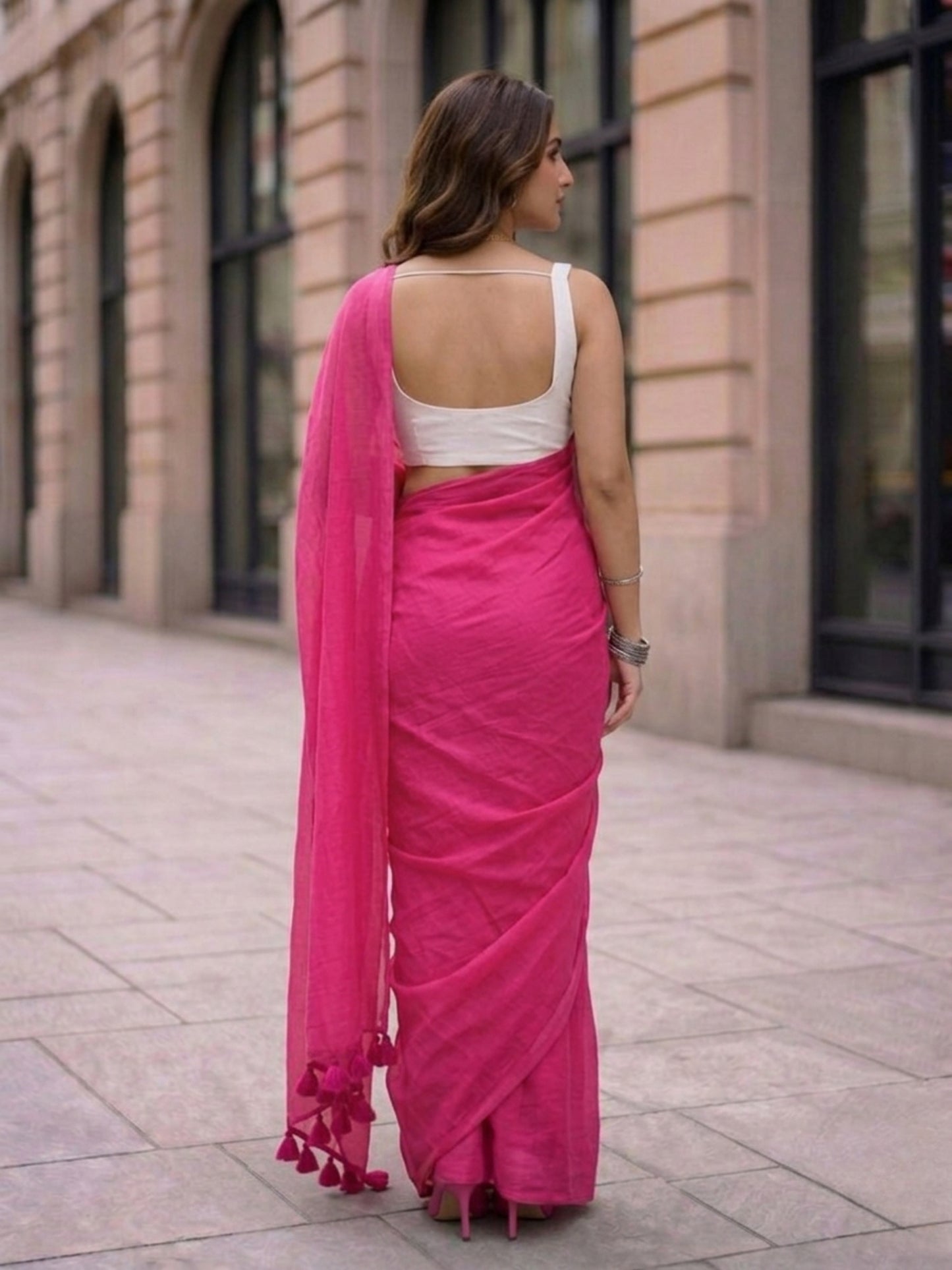 Peony - Plain Rose Pink Mul Cotton Saree