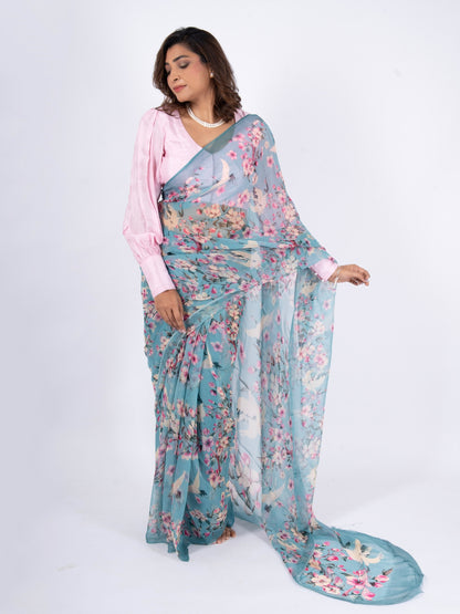 Sakura - Blue Floral Print Pure Chiffon Saree
