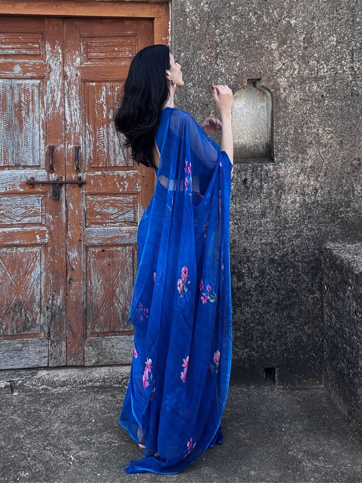 Pure chiffon saree in royal blue with floral print, MAYIN Azura