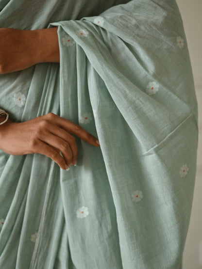 Sage - Green Floral Original Dhakai Jamdani Saree