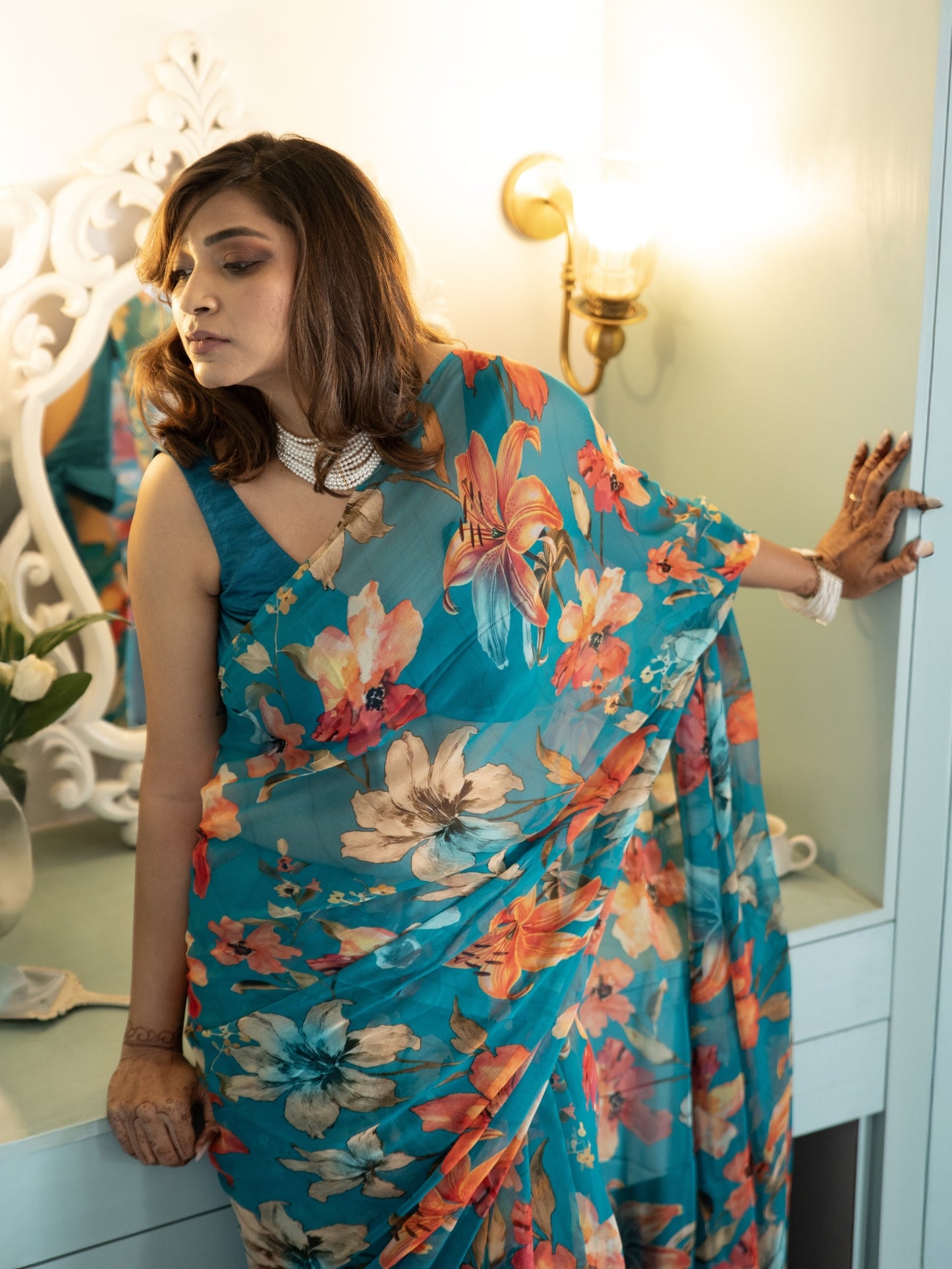 Veyona - Blue Floral Print Pure Chiffon Saree