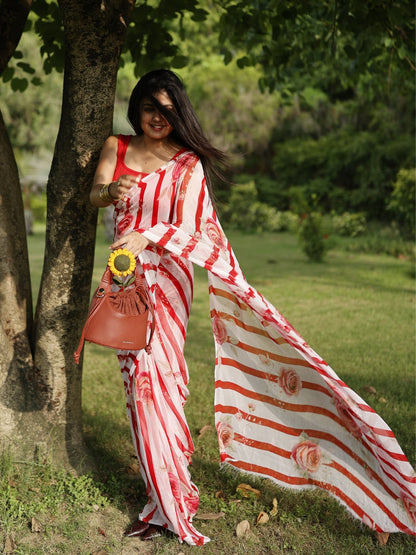 Amélie- Red Floral Print Pure Chiffon Partywear Saree