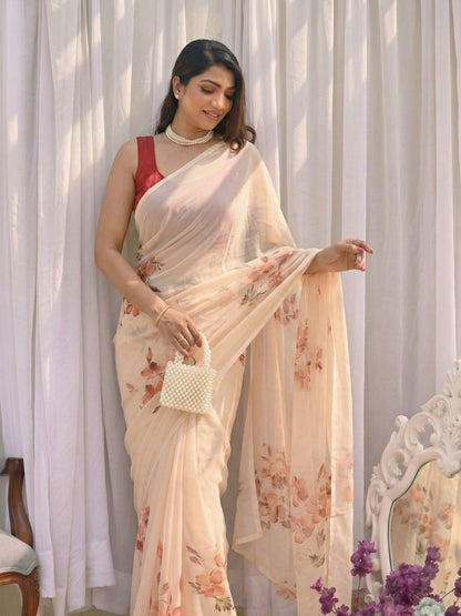 Frangipani - Beige Floral Hand Painted Pure Chiffon Saree