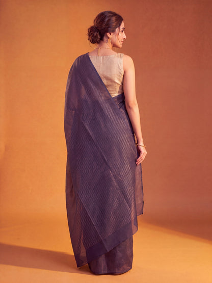 Magic At Midnight - Blue Striped Mul Cotton Zari Saree