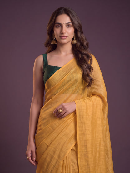 Mustard - Yellow Handloom Linen Tissue Saree