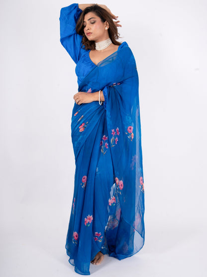 Azura - Royal Blue Floral Print Pure Chiffon Saree